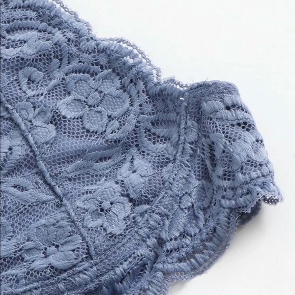 DUSTY BLUE PLUNGING FLORAL LACE HALTER BRALETTE - Picture 5 of 7
